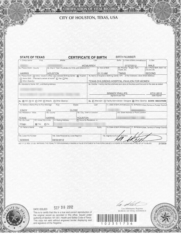 Son birth certificate – CindysTwins.com