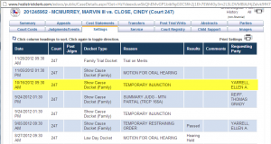 Screen capture of court dates for Cindy Close